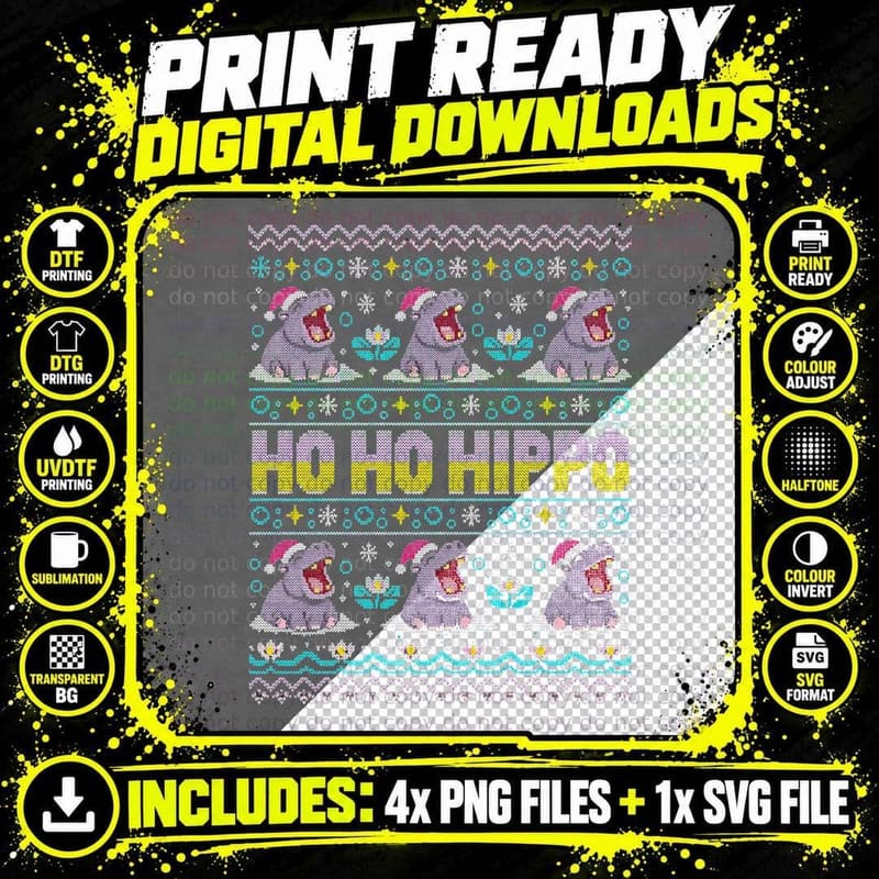 Ho Ho Hippo Hippopotamus Santa Hat Christmas Ugly Png SVG Digital Bundle