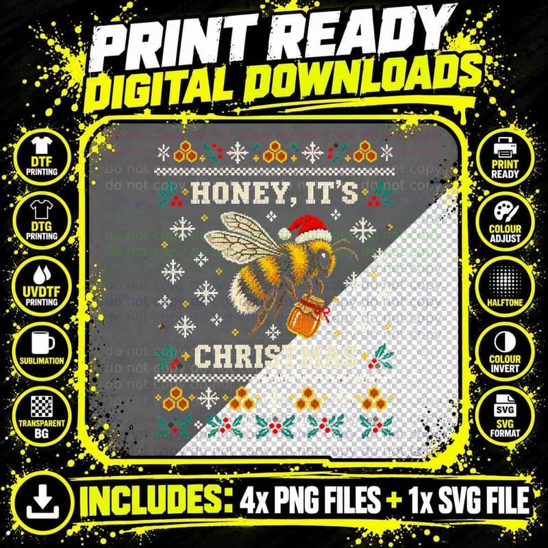 Honey It's Christmas Bumble Bee Ugly Sweater Beekeeper Png SVG Digital Bundle