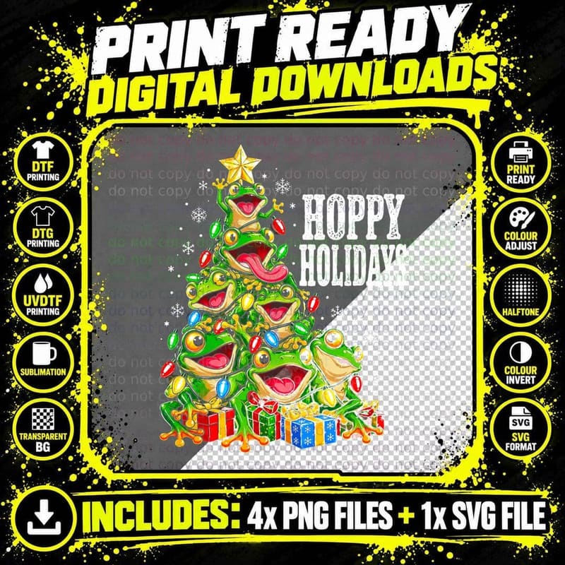 Hoppy Holidays Christmas Tree Made Of Green Frogs Funny Png SVG Digital Bundle