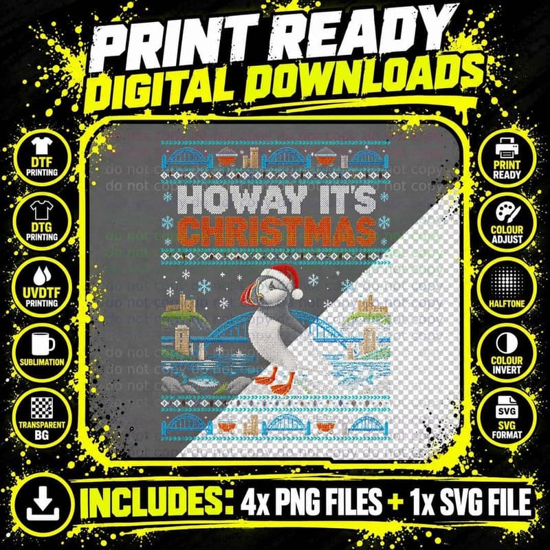 Howay It's Christmas Geordie Puffin Newcastle Xmas Png SVG Digital Bundle