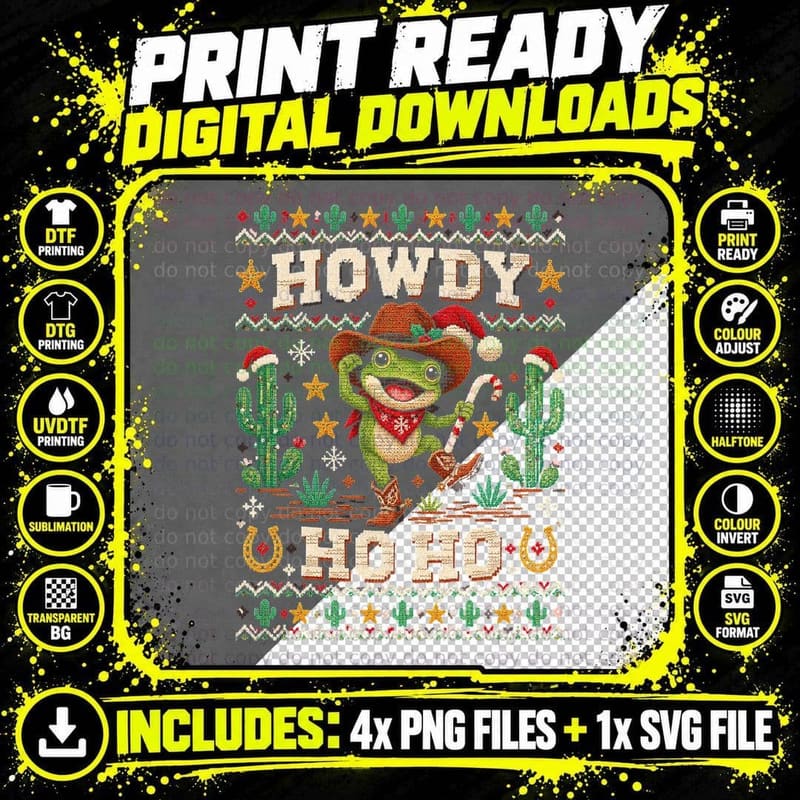 Howdy Ho Ho Cowboy Frog Western Christmas Ugly Sweater Png SVG Digital Bundle