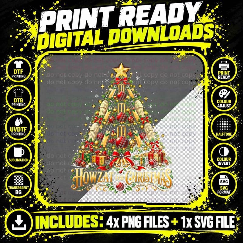 Howzat For Christmas Tree Of Cricket Bats Balls Png SVG Digital Bundle