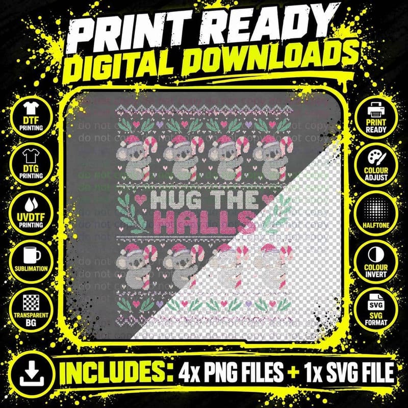 Hug the Halls Cute Koala Candy Cane Christmas Ugly Png SVG Digital Bundle