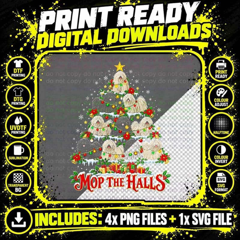 Hungarian Puli Mop The Halls Christmas Tree Corded Dog Png SVG Digital Bundle