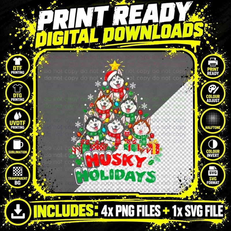 Husky Holidays Christmas Tree Made Of Siberian Puppies Png SVG Digital Bundle