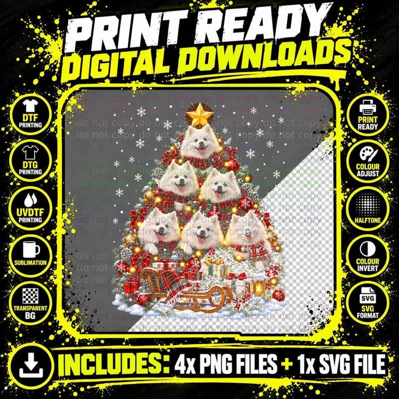 Japanese Spitz Christmas Tree Fluffy White Dogs Sledge Png SVG Digital Bundle
