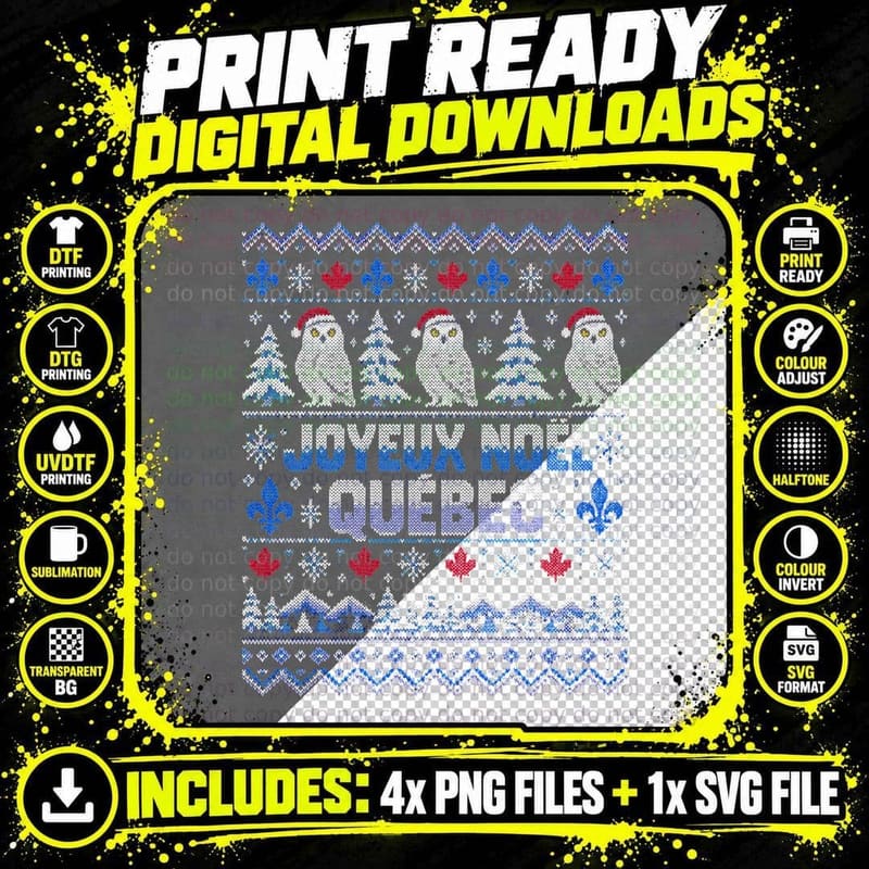 Joyeux Noel Quebec Snowy Owl Maple Leaf Ugly Xmas Png SVG Digital Bundle