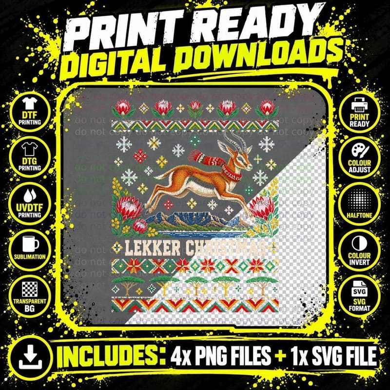 Lekker Christmas South African Springbok Ugly Xmas Png SVG Digital Bundle