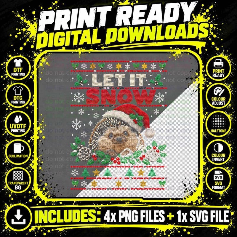Let It Snow Hedgehog Santa Hat Holly Christmas Ugly Png SVG Digital Bundle