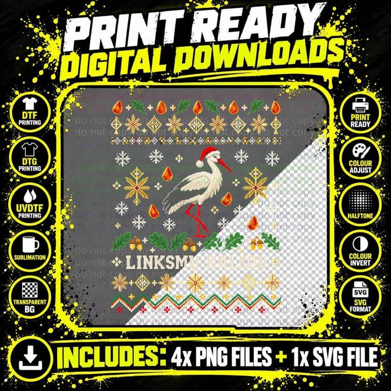 Linksmu Kaledu Lithuanian Stork Santa Hat Ugly Xmas Png SVG Digital Bundle