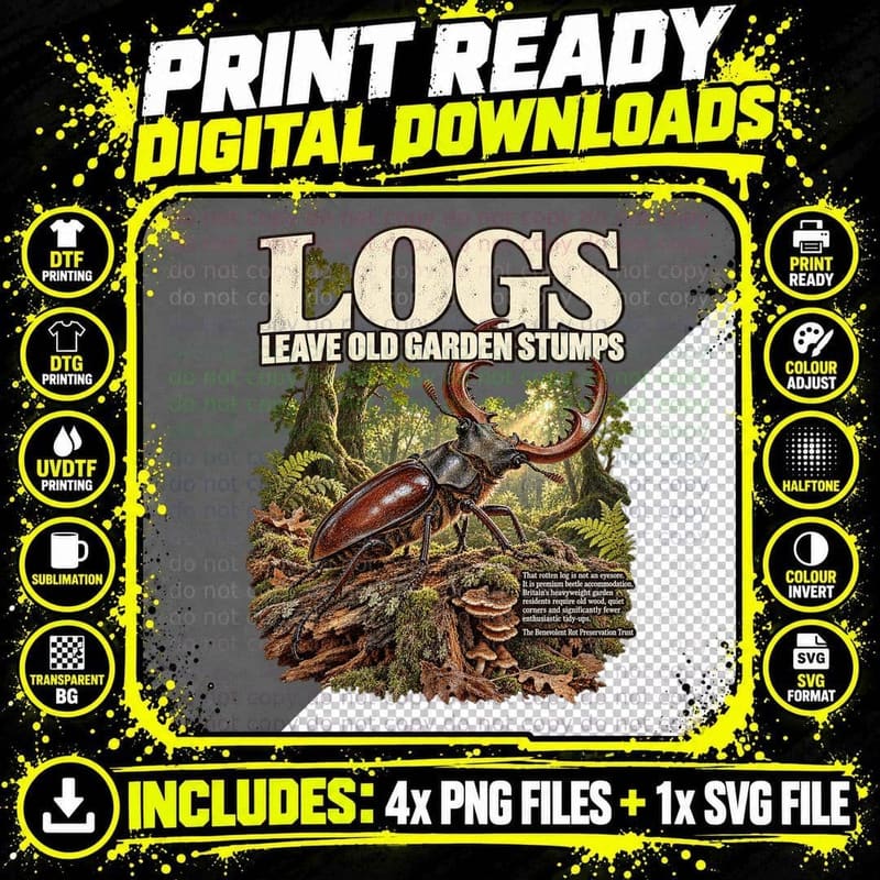 Logs Leave Old Garden Stumps Stag Beetle UK Woodland Png SVG Digital Bundle