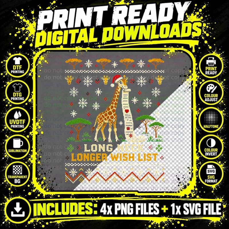 Long Neck Longer Wish List Giraffe Christmas Ugly Png SVG Digital Bundle