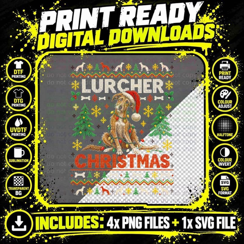 Lurcher Christmas Ugly Sweater Scruffy Sighthound Fairy Png SVG Digital Bundle