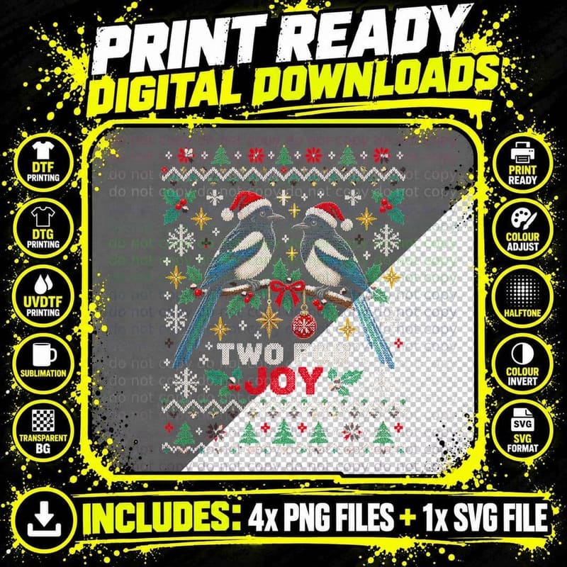 Magpies Two For Joy Christmas Ugly Sweater Bird Watcher Png SVG Digital Bundle