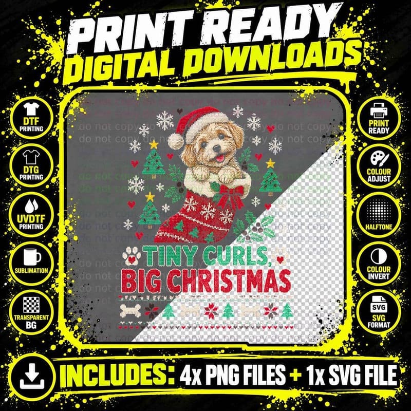 Maltipoo Tiny Curls Big Christmas Stocking Ugly Sweater Png SVG Digital Bundle