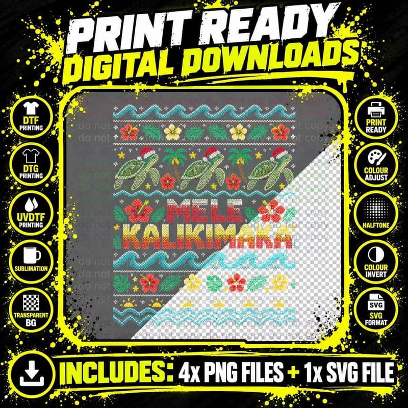 Mele Kalikimaka Hawaiian Sea Turtle Ugly Xmas Sweater Png SVG Digital Bundle