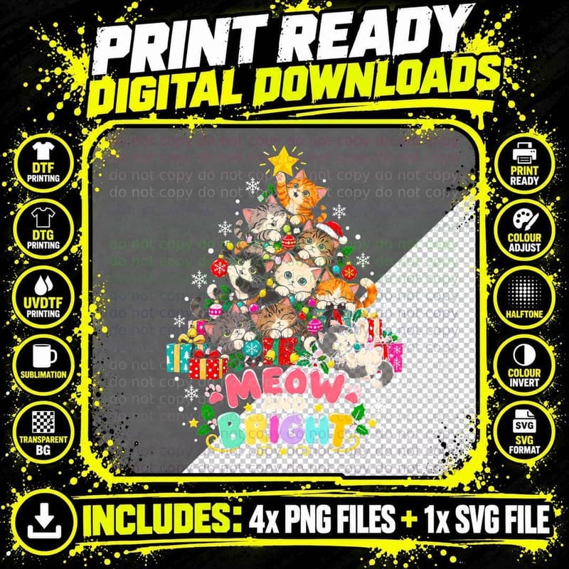 Meow And Bright Kitten Christmas Tree Made Of Cats Funny Png SVG Digital Bundle