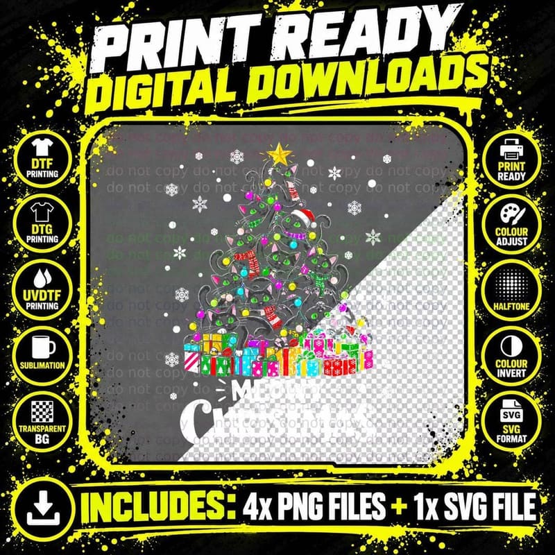 Meowy Christmas Tree Made Of Black Cats Funny Pun Kitten Png SVG Digital Bundle
