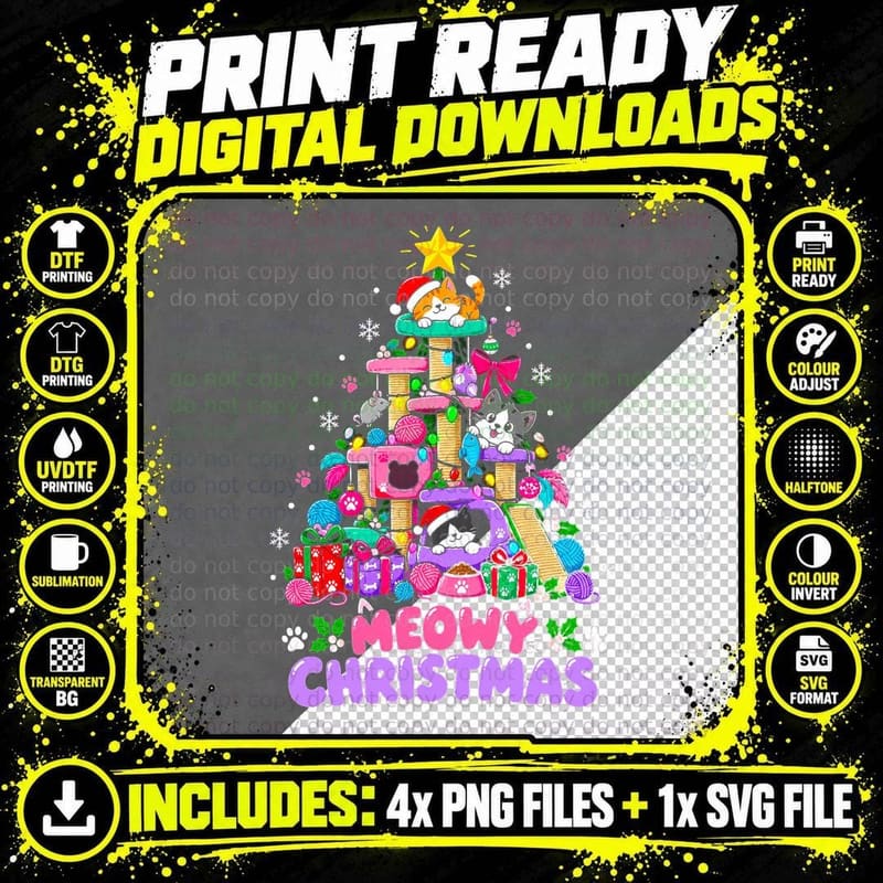 Meowy Christmas Tree Made Of Scratching Posts Funny Cat Png SVG Digital Bundle