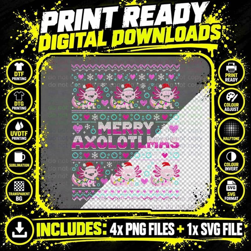 Merry Axolotlmas Pink Axolotl Christmas Lights Ugly Png SVG Digital Bundle