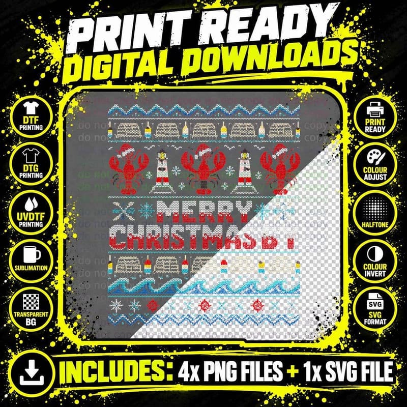 Merry Christmas B'y Nova Scotia Lobster Ugly Xmas Png SVG Digital Bundle
