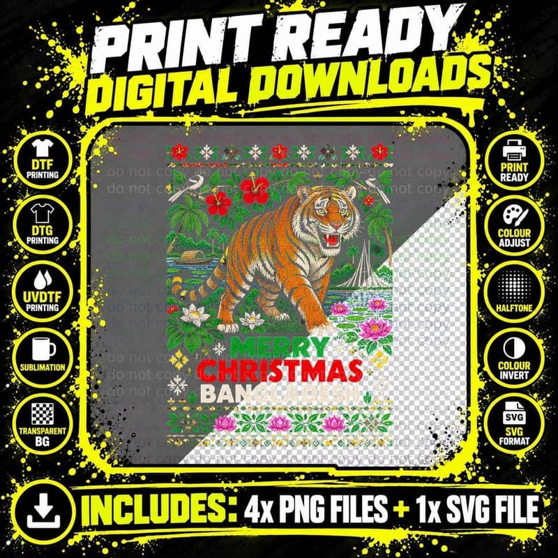 Merry Christmas Bangladesh Royal Bengal Tiger Ugly Xmas Png SVG Digital Bundle