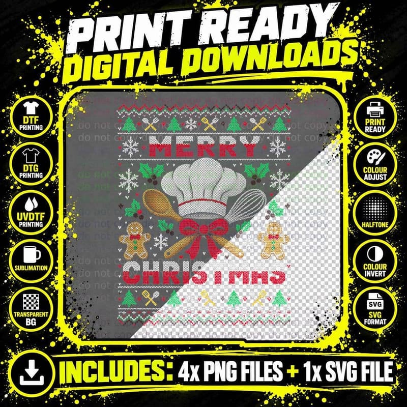 Merry Christmas Chef Hat Whisk Gingerbread Cooking Ugly Png SVG Digital Bundle