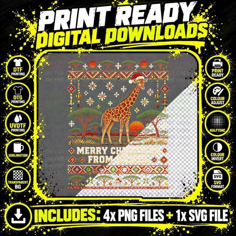 Merry Christmas From Kenya Giraffe Safari Ugly Xmas Png SVG Digital Bundle