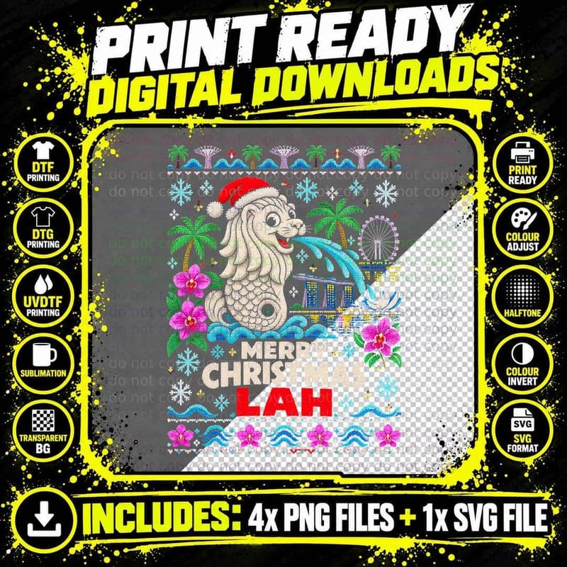 Merry Christmas Lah Singapore Merlion Ugly Xmas Sweater Png SVG Digital Bundle