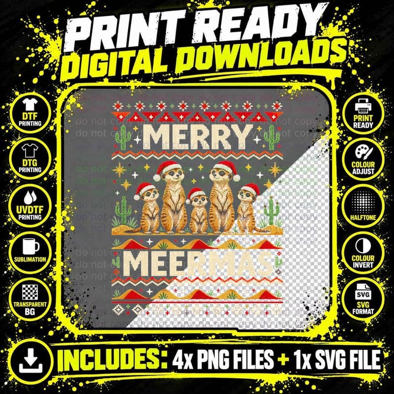 Merry Meermas Meerkat Family Santa Hats Christmas Ugly Png SVG Digital Bundle