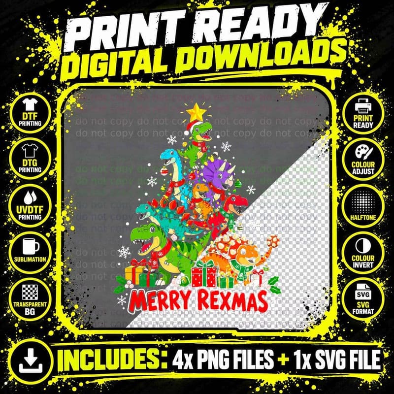 Merry Rexmas Dinosaur Christmas Tree T Rex Funny Pun Png SVG Digital Bundle