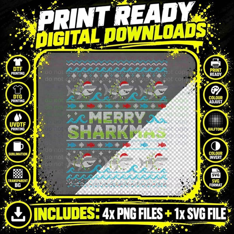 Merry Sharkmas Shark Santa Hat Christmas Lights Ugly Png SVG Digital Bundle