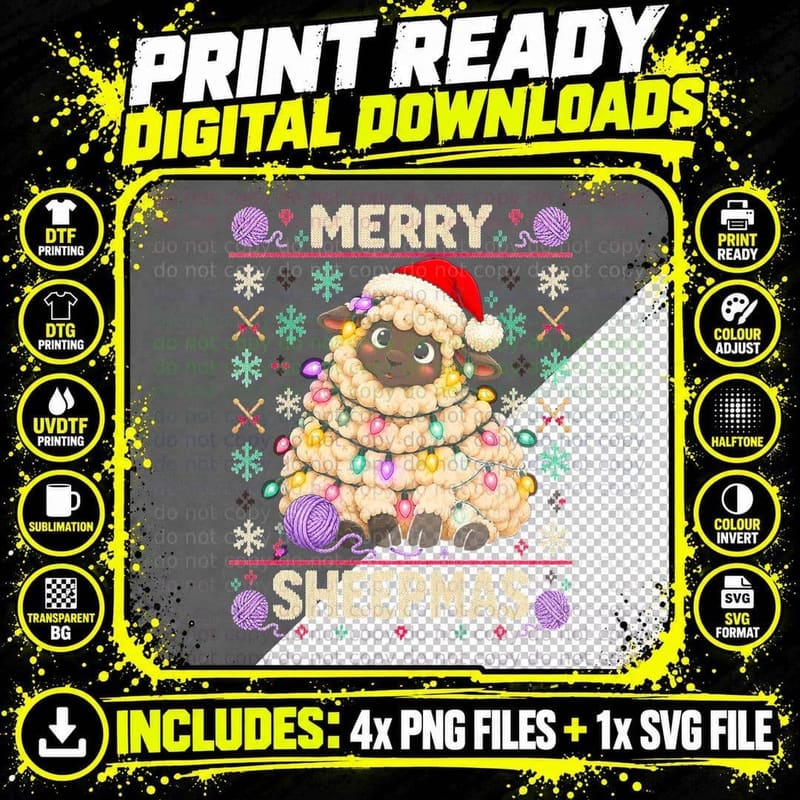 Merry Sheepmas Fluffy Sheep Christmas Lights Yarn Ugly Png SVG Digital Bundle