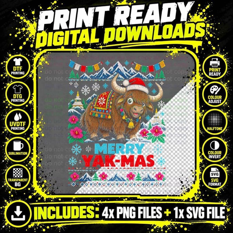 Merry Yak-Mas Nepalese Yak Funny Ugly Christmas Sweater Png SVG Digital Bundle