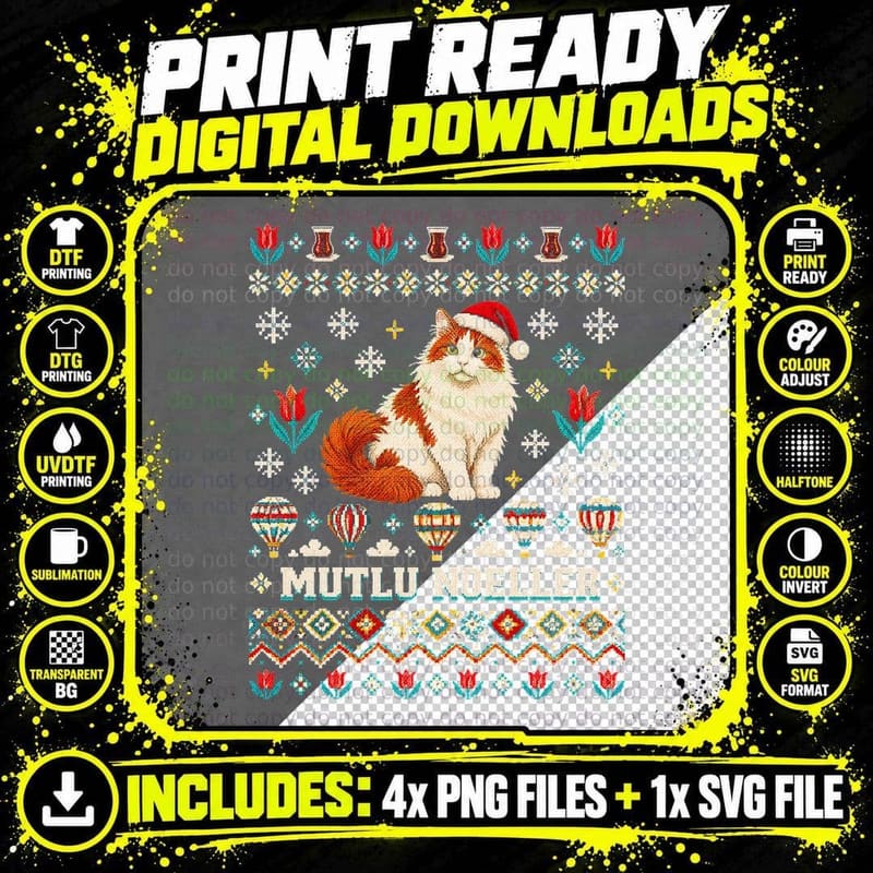 Mutlu Noeller Turkish Van Cat Santa Hat Ugly Xmas Png SVG Digital Bundle