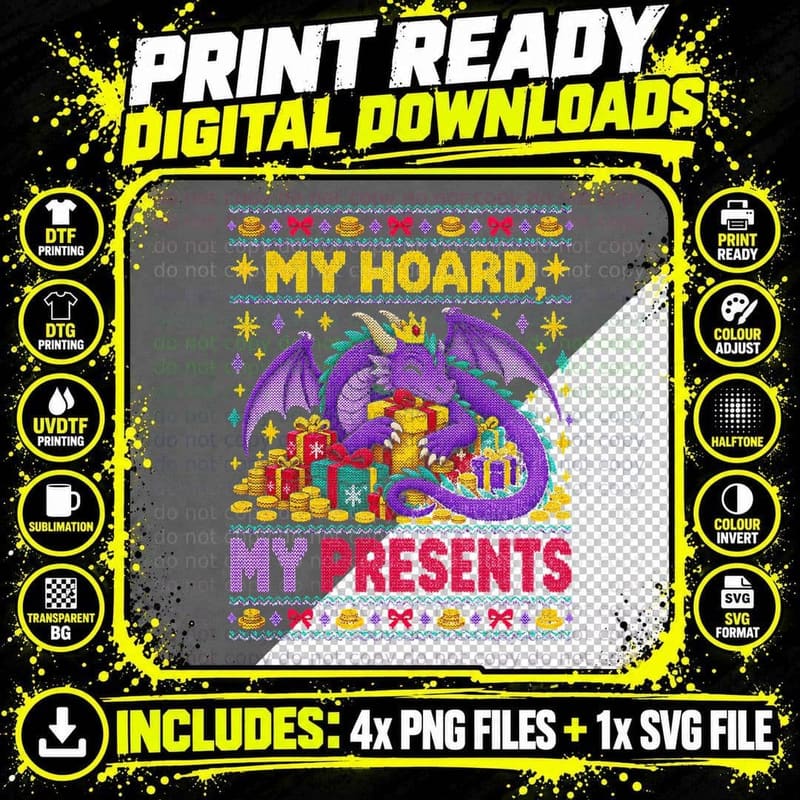 My Hoard My Presents Purple Dragon Gold Christmas Ugly Png SVG Digital Bundle