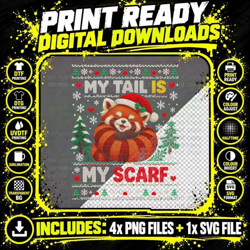 My Tail Is My Scarf Red Panda Santa Hat Christmas Ugly Png SVG Digital Bundle