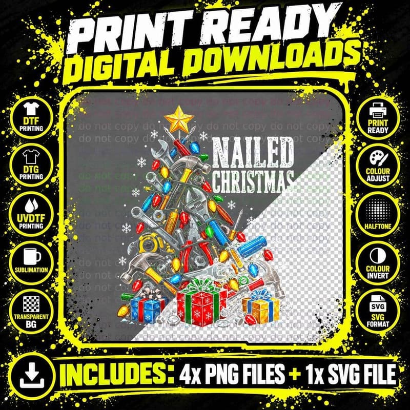 Nailed Christmas Tree Made Of Tools Hammer Spanner DIY Png SVG Digital Bundle
