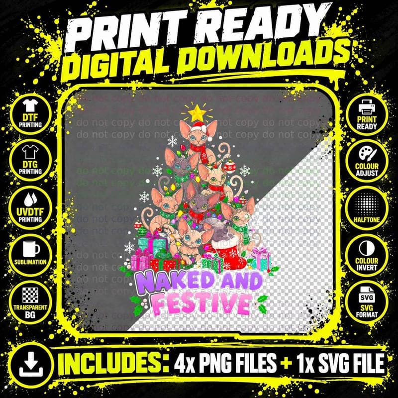Naked And Festive Sphynx Cat Christmas Tree Hairless Png SVG Digital Bundle
