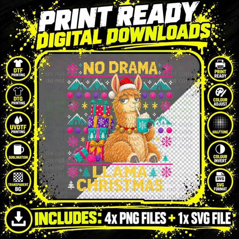 No Drama Llama Christmas Hot Cocoa Presents Funny Ugly Png SVG Digital Bundle