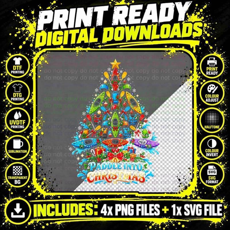 Paddle Into Christmas Tree Made Of Kayaks Funny Kayaking Png SVG Digital Bundle