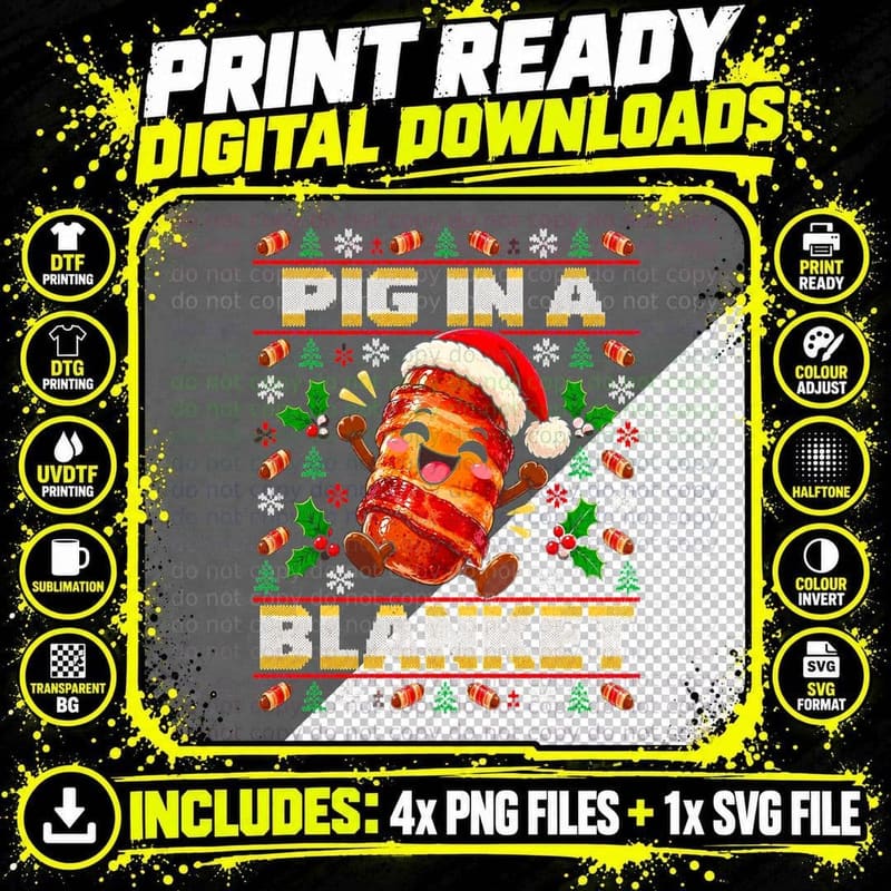 Pig In a Blanket Christmas Sausage Bacon Funny Ugly Xmas Png SVG Digital Bundle