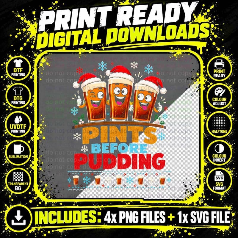 Pints Before Pudding Christmas Beer Ale Funny Ugly Xmas Png SVG Digital Bundle