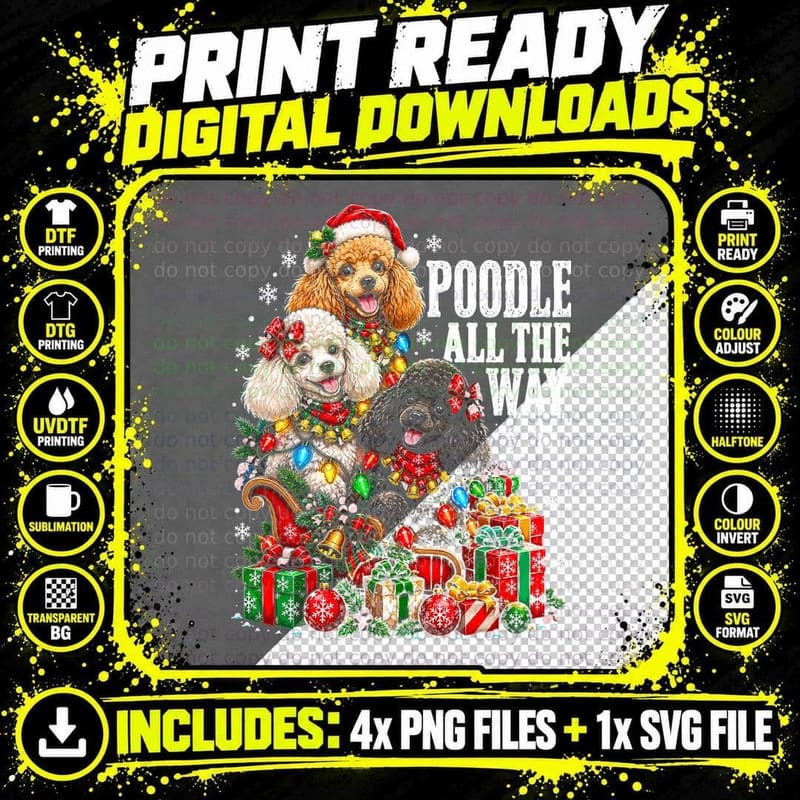 Poodle All The Way Christmas Tree Funny Pun Dog Lover Png SVG Digital Bundle