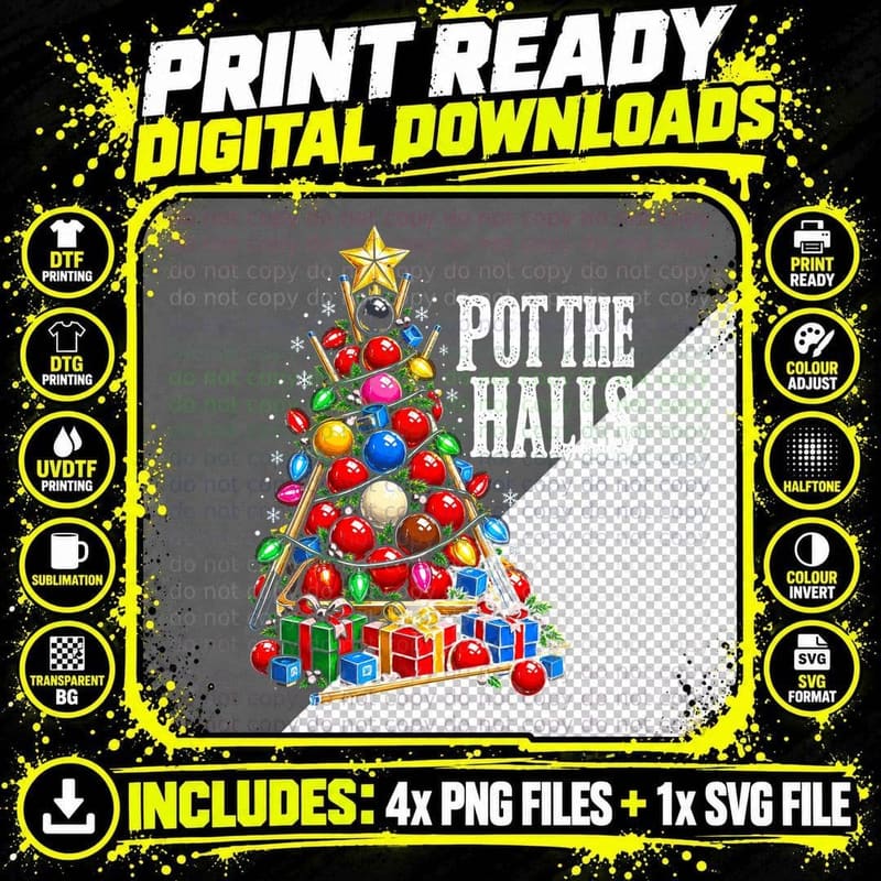 Pot The Halls Snooker Christmas Tree Of Cues Balls Pool Png SVG Digital Bundle