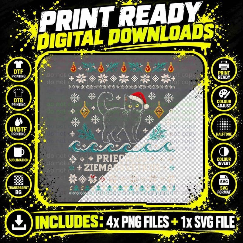 Priecigus Ziemassvetkus Latvian Black Cat Xmas Jumper Png SVG Digital Bundle