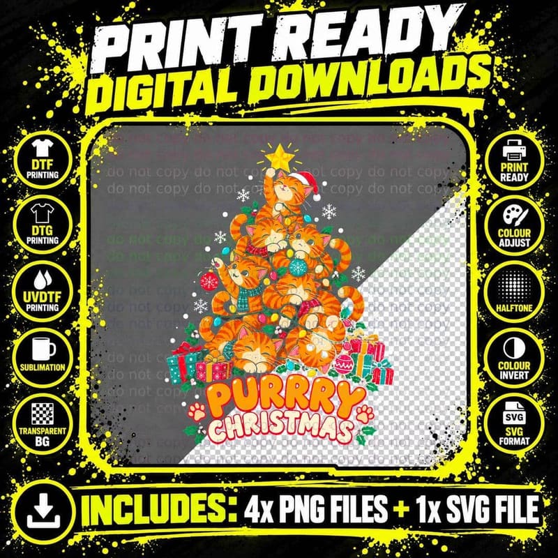 Purrry Christmas Ginger Cat Tree Made Of Orange Kittens Png SVG Digital Bundle