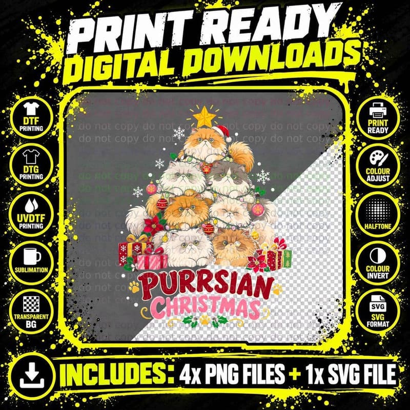 Purrsian Christmas Persian Cat Tree Made Of Fluffy Png SVG Digital Bundle