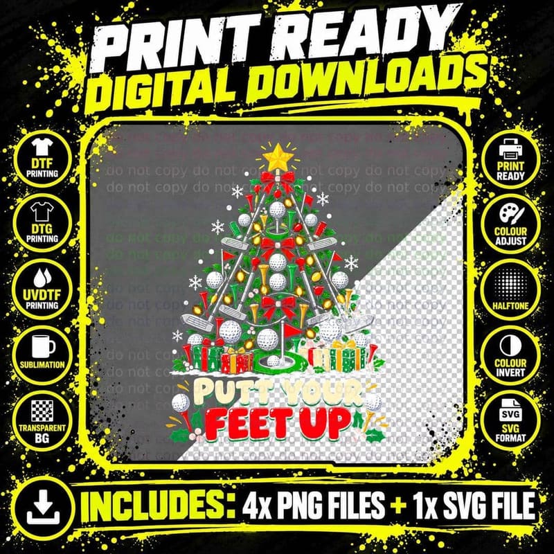 Putt Your Feet Up Golf Christmas Tree Of Putters Tees Png SVG Digital Bundle