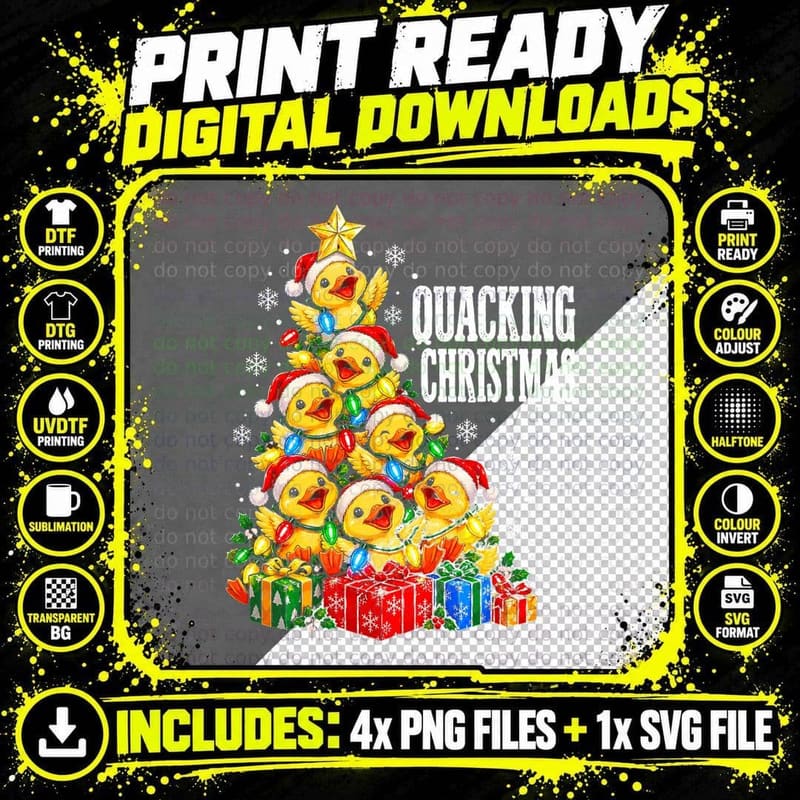 Quacking Christmas Tree Made Of Yellow Ducklings Funny Png SVG Digital Bundle